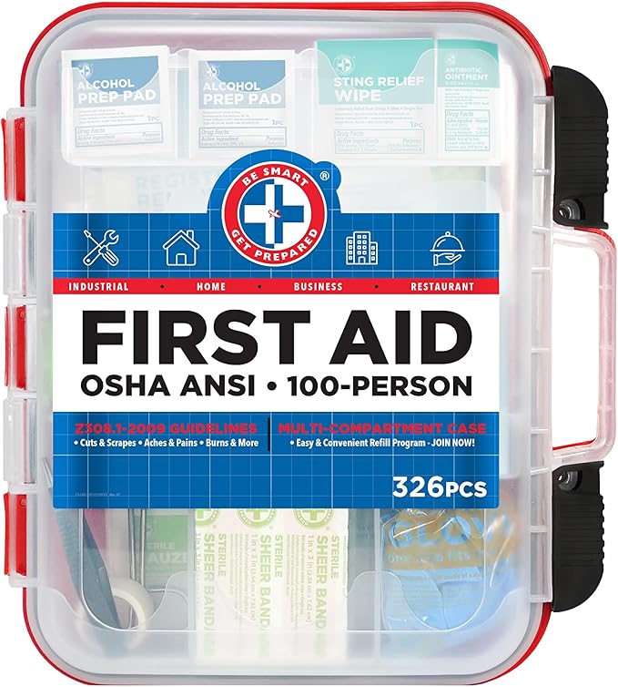 Be Smart Get Prepared First Aid Kit Hard Red Case 326 Pieces Exceeds OSHA and ANSI Guidelines 100 People - Office, Home, Car, School, Emergency, Survival, Camping, Hunting and Sports (20HBC01015REV3)