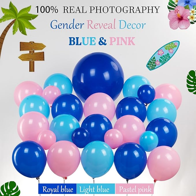 Blue and Pink Balloon Garland Arch Kit with Coconut Tree foil balloons ohana Backdrop Hibiscus Flower Paper Card for Summer Hawaii gender reveal Baby shower Hawaii cartoon birthday party decorations