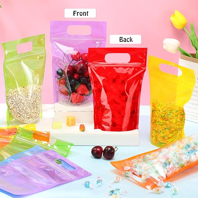 120 Pcs Plastic Gift Bag Bulk 5.5 x 8.7 Inch Resealable Party Goodie Bag with Clear Window Color Favor Pouch with Handle for Home Birthday Wedding Party Candy Gift Wrap Supply(Clear)