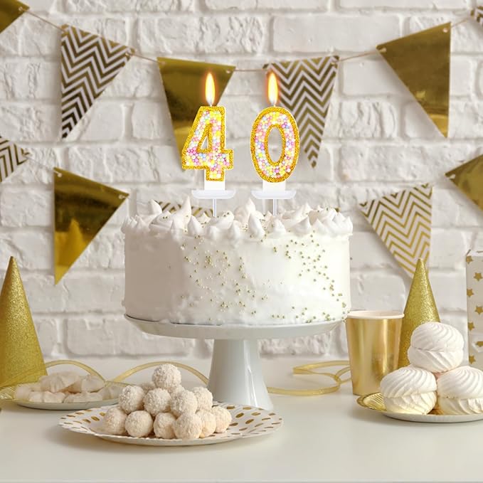 40th Birthday Candle for Cake, Colorful Macaron Numeral Candles for Women/Men, Birthday Party Cake Decorations, Golden Cake Topper for Birthday Party Supplies (Number 40)