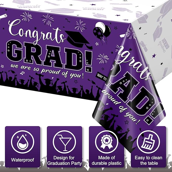 12Pack Graduation Tablecloth Party Decorations, Class of 2026 Congrats Grad Plastic Tablecover Party Supplies, Purple Rectangle Graduation Table Decorations for College High School Party, 54 x 108Inch