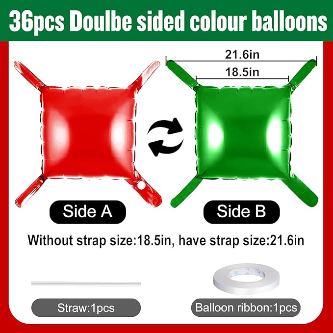 36Pcs Red and Green Square Foil Balloons Wall Backdrop, Double Sided Metallic Foil Balloons Tunnel Arch Garland Kit for Photo Booth Birthday Wedding Halloween Christmas Party Decorations