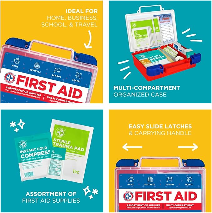 Be Smart Get Prepared 180 Piece First Aid Kit: Clean, Treat, Protect Minor Cuts, Scrapes. Home, Office, Car, School, Business, Travel, Emergency, Survival, Hunting, Outdoor, Camping & Sports, FSA HSA