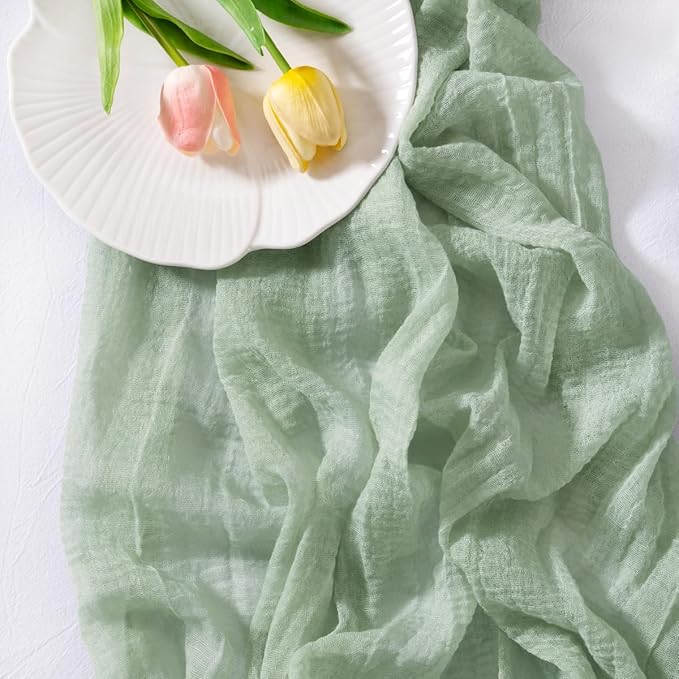 Socomi Sage Green Cheesecloth Table Runner Gauze Easter Spring 120 Inch Rustic Boho Cheese Cloth Runner for Wedding Party Baby Bridal Shower Centerpiece Decoration Holiday Home Decorations