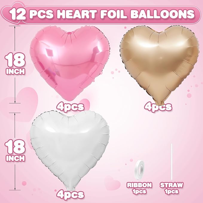 Pink White Heart Balloons,12Pcs Rose Gold Heart Shaped Foil Balloons,18Inch White Rose Gold Helium Polyester Film Balloon for Valentine's Day Birthday Engagement Wedding Party Decorations
