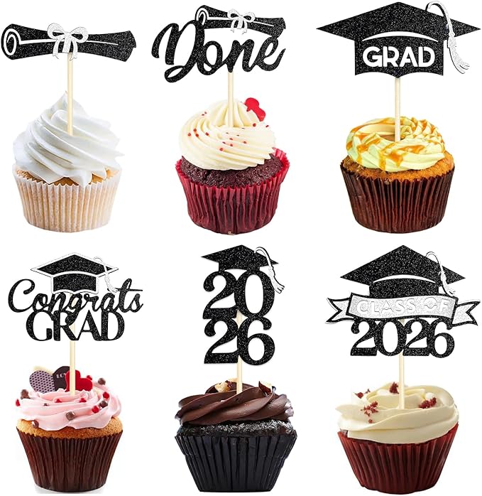 24 Pack 2026 Congrats Grad Cupcake Toppers Set, Graduation Cupcake Decor, Class of 2026 Cupcake Picks for Senior High School College Grad Party Decorations Supplies(Black with Silver) A