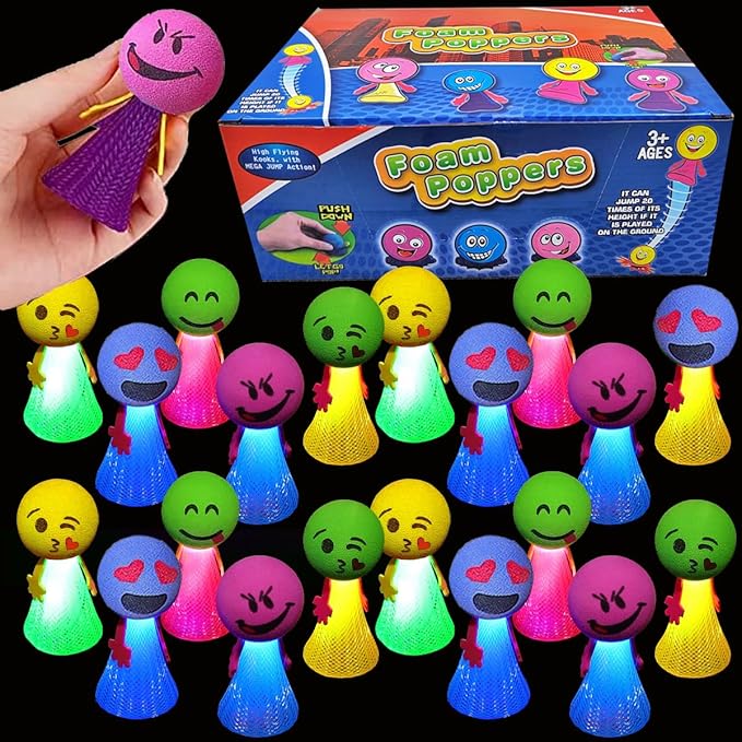 Liberty Imports 24 PCS Jumping Emoticon Popper Spring Launchers LED Light Up Toy Bouncy Party Favors Supplies and Goodie Bag Fillers for Kids, Toddlers (Light Up)