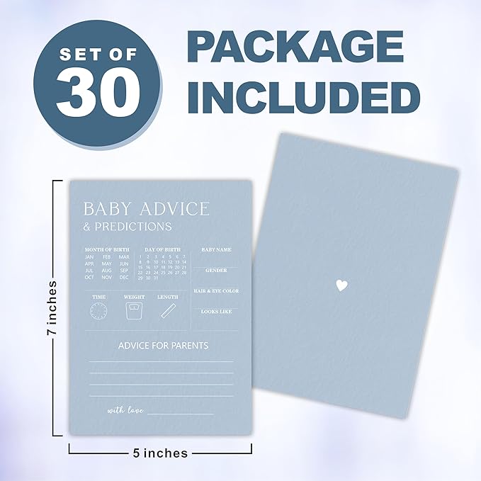 30 Minimalism Baby Shower Game Cards - Mist Blue - Baby Prediction & Advice - Fill In Style Game Set, Party Favor, Gender Reveal, Baby Announcement - A02