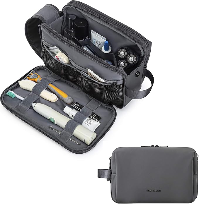 BAGSMART Toiletry Bag for Men, Travel Toiletry Organizer Dopp Kit Water-resistant Shaving Bag for Toiletries Accessories, Door Room Essentials,Grey-medium