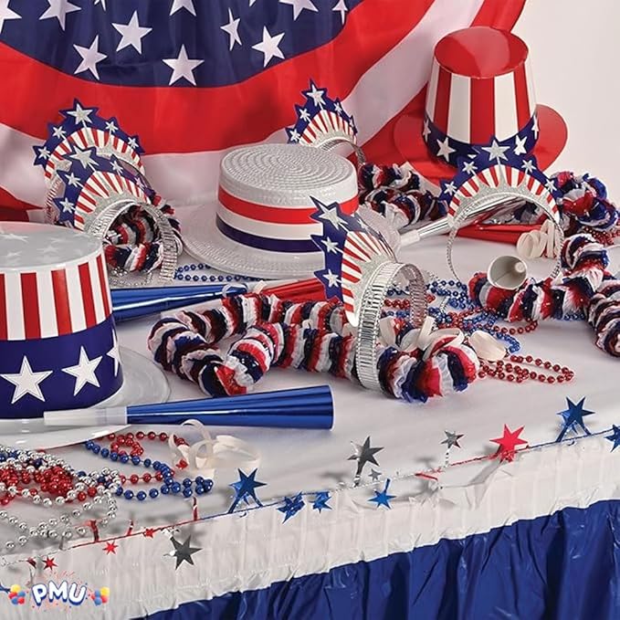 PMU 150 Ft Patriotic Star Garlands with Wire, Shiny Metallic Garland for 4th of July, National Day, Independence Day, Red,Silver and Blue (6pc-25Ft Each)
