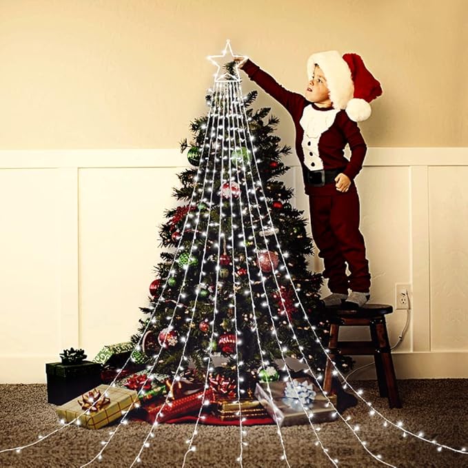 FUNIAO Outdoor Christmas Star Lights 320 LED Waterfall Christmas Tree Lights 8 Lighting Modes Outdoor Christmas Decorations Star String Lights for Outside Tree Wall Yard Xmas Wedding Party (White)