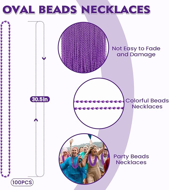 SHAOQINLIN 100 PCS Purple Mardi Gras Beads, Purple Oval Beads Necklaces 30.5" Metallic Beaded Costume Necklaces Party Necklaces for Halloween Mardi Gras Parade Throws Wedding Birthday Party Favors