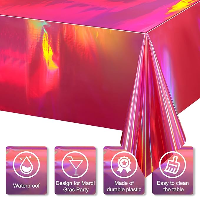 1 Pack Hot Pink Iridescence Plastic Tablecloths Shiny Disposable Laser Rectangle Table Covers Holographic Foil Tablecloth Iridescent Party Decorations Birthday Bridal Wedding Christmas, 54 x 108 Inch