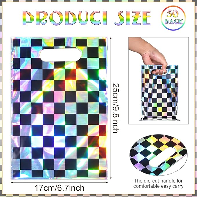 FunnyPars 50 Pcs Iridescent Checkered Race Car Party Favor Bags, Plastic Black and Iridescent Car Goodie Treat Bags, Racecar Laser Plaid Gift Bags for Kids Fast Race Car Birthday Party Decorations