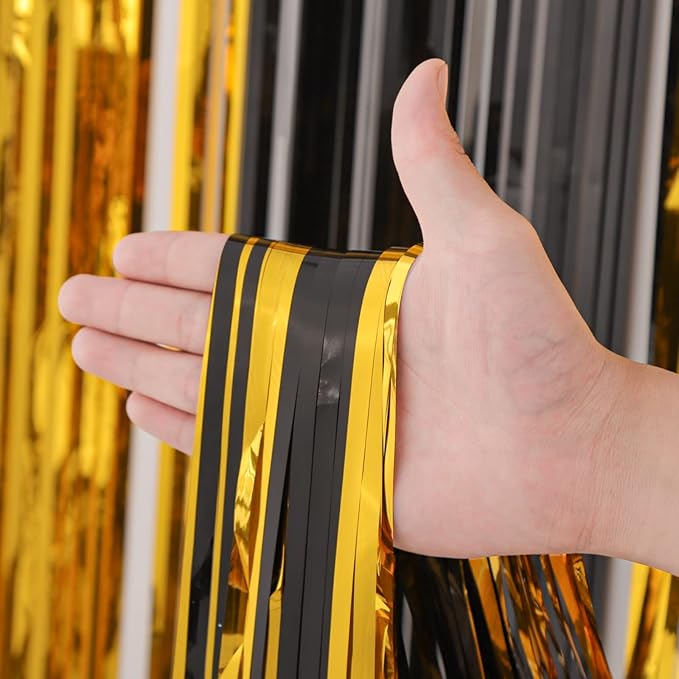 2 Pack Black and Gold Tinsel Foil Fringe Curtains, Black and Gold Party Decorations, Metallic Tinsel Party Streamers Backdrop for 2025 New Years Graduation Prom Party Decorations