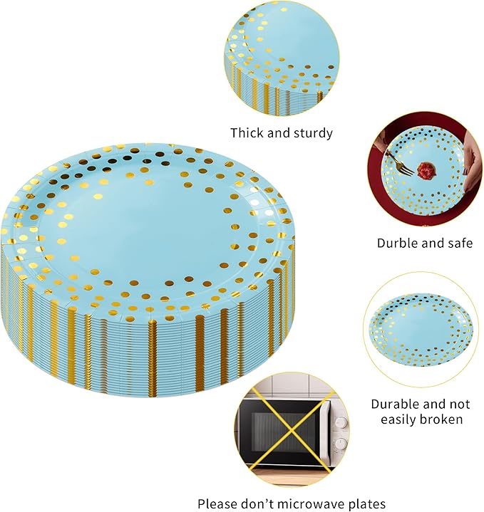Sveikie160 Pcs blue And Gold Paper Plates, Birthday Cake Party Plates And Napkins, Wedding Disposable Utensils For Birthday Graduation Wedding And Holiday Celebrations Serves 40 (blue)