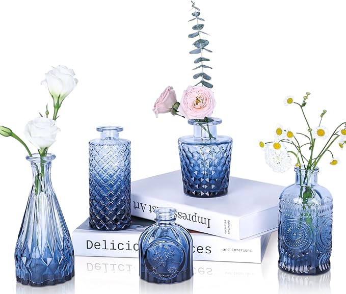Navy Blue Glass Bud Vases Set of 5, Mini Flower Vase for Centerpieces, Small Clear Vases in Bulk for Wedding Decorations, Vintage Vase for Table, Graduation, Home Décor