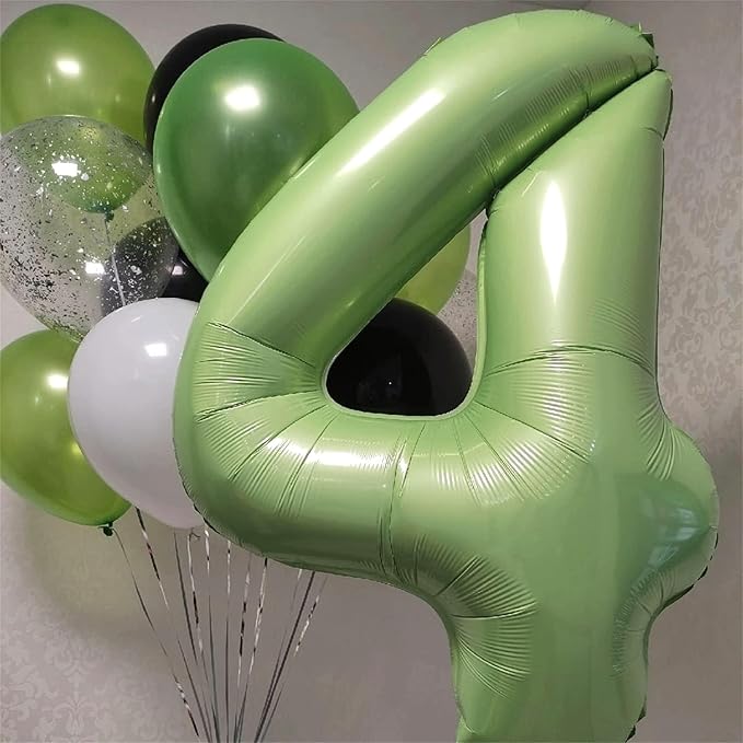 40 Inch Sage Green Foil Balloon Number 4, Large Self Inflating Olive Green Number Balloons 0-9 Helium Balloons Set for Girls Boys 4th Birthday Women Anniversary Jungle Safari Party Decoration Supplies