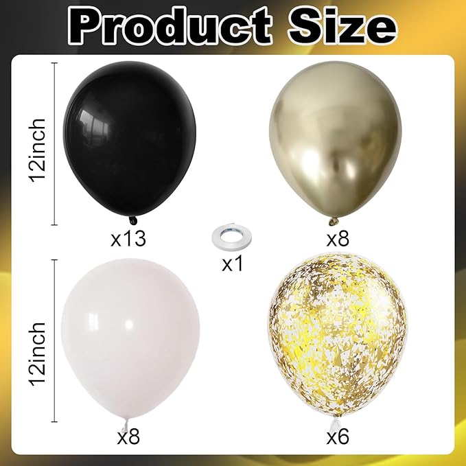Black White Gold Balloons, 12 Inch 35PCS Black and White Balloon with Metallic Gold Confetti Balloons for Graduation New Years Wedding Retirement Bridal Baby Shower Birthday Party Decorations