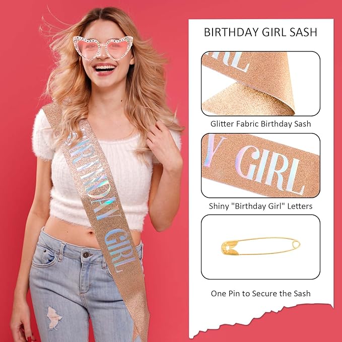 Birthday Girl Sash with Birthday Glasses for Girls and Women Glitter Birthdays Decorations for Women Happy Birth Day Party Supplies