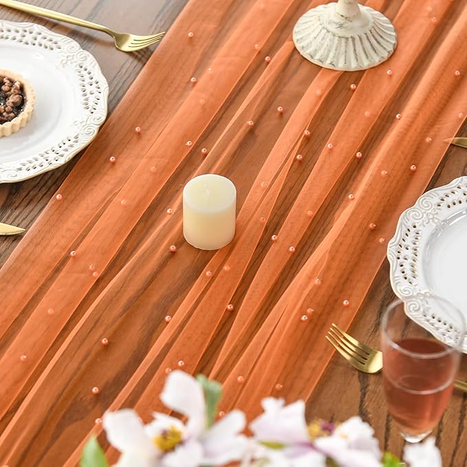 Artoid Mode Pearl Orange Gauze Table Runner 59x120 Inch , Seasonal Sheer Kitchen Dining Holiday Wedding Birthday Baby Shower Table Decor for Home Party