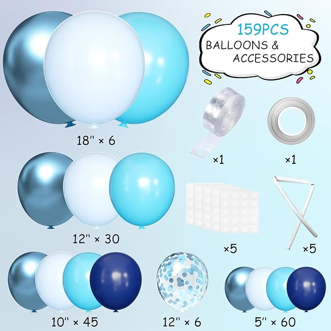 Blue Balloon Arch Kit, 147 Pcs Metallic Macaron Light Navy Blue Balloons Garland with Confetti for Baby Shower Birthday Wedding Ocean Themed Party Decoration