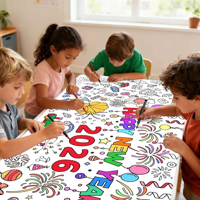 New Years Coloring Tablecloth/Poster, 3 PCS New Years Decorations 2026, 72" X 30" Giant Paper Coloring Banner for Kids Crafts Activities Party Decorations, Fun DIY Art 2026 Year Eve Party Supplies