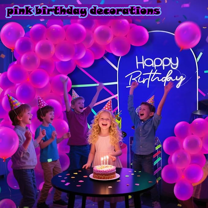 100 Pcs UV Neon Pink Balloons 12 inch Neon Party Supplies, Balloons, Glow in the Dark for Birthday, Graduation, Baby Shower,Wedding, Anniversary Valentines Party Decorations