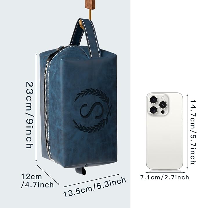 Personalized Gifts Travel Toiletry Bag for Men Engraved Initial PU Leather Waterproof Shaving Bag for Toiletries Accessories Fathers Day Birthday Gift for Men Dad Husband Son, Dark Blue B