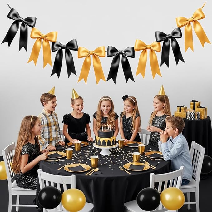 1 String of 8PCS Black&Gold Bow Garland Banner Decoration,Pre-Strung Satin Ribbon Ornaments for Birthday,Bachelorette Party,Bridal Shower,Wedding,Engagement,Baby Shower,Graduation Decor,Anniversary