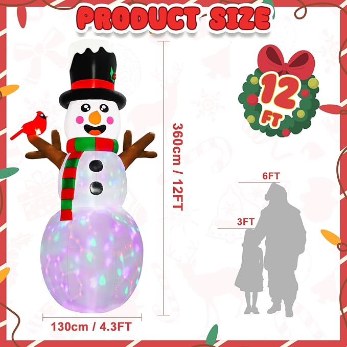 AerWo 12FT Christmas Inflatable Outdoor Decoration, Giant Inflatable Snowman Outdoor Christmas Blow up Yard Decorations with LED Lights and Cardinal, Snowman Outdoor Christmas Decorations Yard Lawn