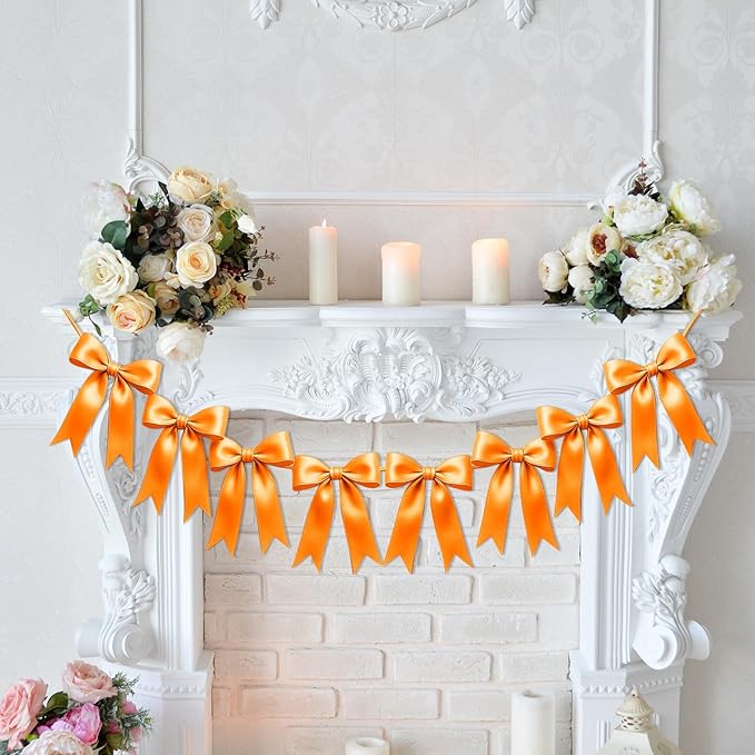 2 Strings of 16PCS Golden Yellow Bow Garlands Banner Decoration,Pre-Strung Satin Ribbon Ornaments for Birthday,Christmas,The Fall Festival,Thanksgiving,Halloween,Anniversary,Wedding,Baby Shower