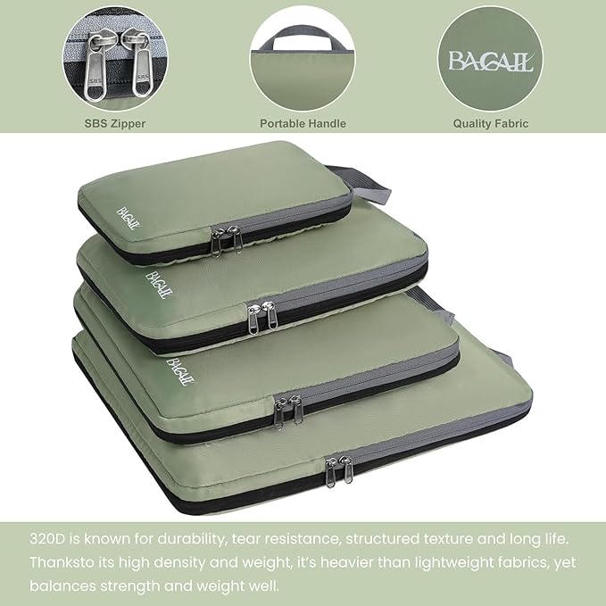 BAGAIL 4 Set/6 Set/8 Set Compression Packing Cubes Travel Accessories Expandable Packing Organizers (Cloth Pattern, 4-Matcha Green)