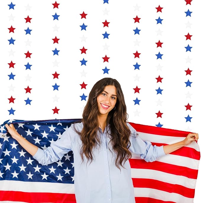 Fourth-4th of July Memorial-Day Party-Decorations - 62ft Patriotic Red-Blue White Twinkle Little Star Hanging Streamers-Garland Banner,Independence Graduation Baby Shower Birthday Decor Hugtmr