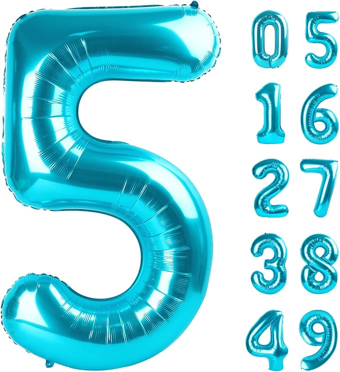 Blue 40 Inch Large Number 5 Birthday Balloon, Five 5th 15 25 35 50 55 Birthday Celebration Decorations, Blue Foil 5 Mylar Helium Balloons Girl Boy Anniversary Party Supplies
