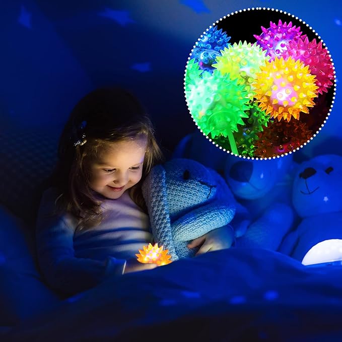 Sotiff 150 Pcs Light up Ball Spiky LED Bouncy Ball Flashing Squeaky Multicolor Puffer Toy Rubber Sensory Toy Carnival Prizes Bulk Party Favors for Teens, Adults, Children