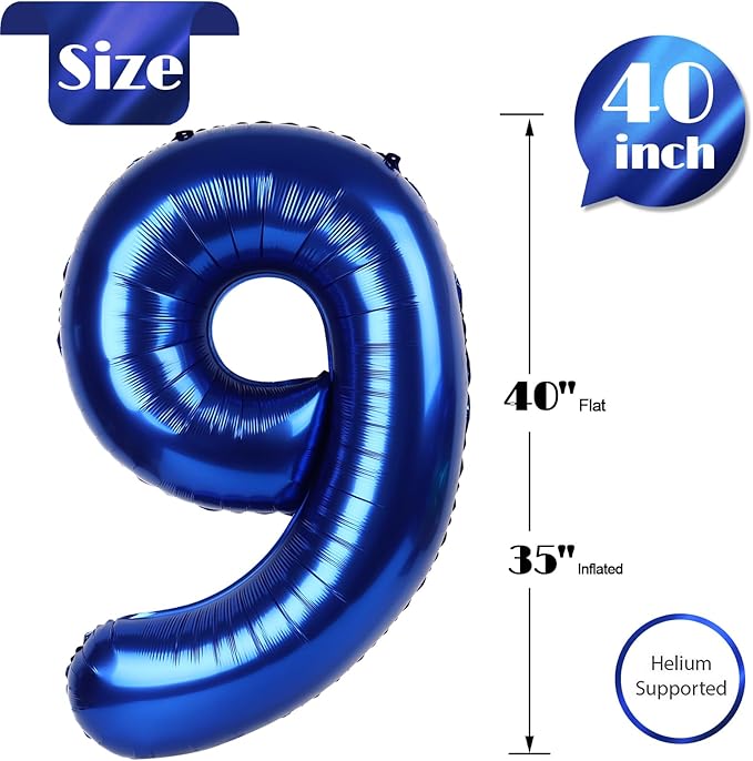 Night Blue Number 9 Balloon 40 Inch, 9 Balloon Number, 9th Birthday Decorations, Night Blue Party Supplies for Boys Girls