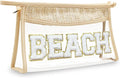 Makeup Bag with Glitter Chenille Letter, 1.1L Capacity Clear Makeup Letter Bag, Beach Bag, 【Easy to Carry】, 【Handmade Woven】 Travel Makeup Bag for Women, (Beige-BEACH)
