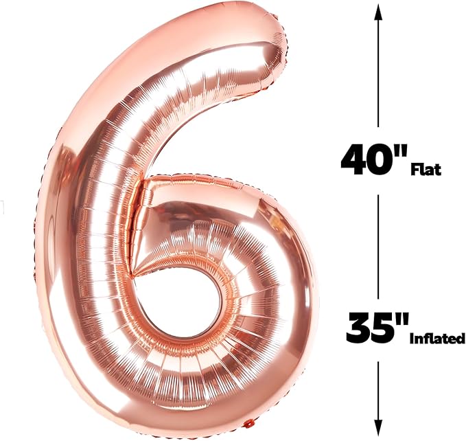 Rose Gold 40 Inch Mylar Foil Number 6 Balloon, Birthday Digital Balloons for 6 16 Boy Girl Party Decorations Supplies, Rose Gold Big Helium Balloon Numbers for 26 36 46 60 Men Women Anniversary