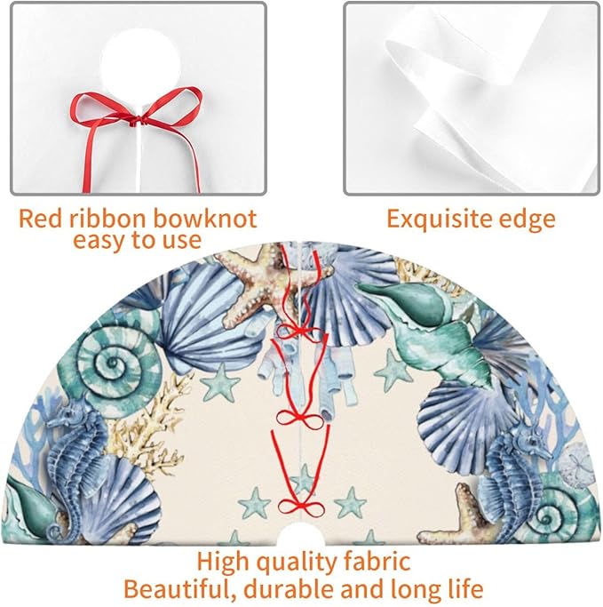 Shell Coastal Wreath Beach Starfish Sea Theme Seahorses Christmas Tree Skirt Xmas Tree Mat Halloween Christmas Tree Ornaments Decorations Holiday Party Indoor Outdoor 48"