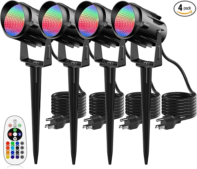 Spotlight Outdoor RGB Led Lights, 12W Color Changing Outdoor Floodlight Fixture with Stake for Garden Yard Path, 120V Waterproof Landscape Lighting Plug in with Remote (4 Pack)
