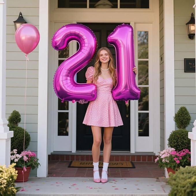40 Inch Large 21 Balloon Numbers Rose Purple Big Foil Number Balloons Giant Helium Happy Birthday Party Decorations for Man and Women, Huge Mylar Anniversary Party Supplies