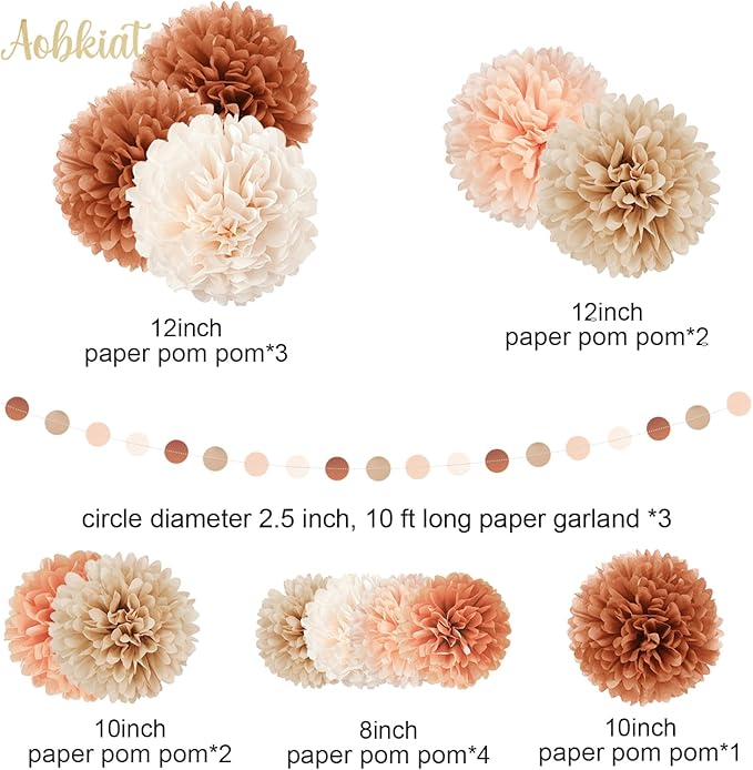 AOBKIAT Boho Fall Wedding Baby Shower Decorations,15PCS Brown Peach Tissue Paper Pom Poms,Circle Dots Colorful Paper Garland String Hanging Backdrop for Birthday Party,Retro Bridal Shower Engagement
