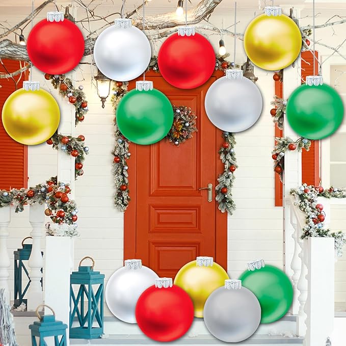 20 PCS Outdoor Christmas Decorations, 11 Inch Large Inflatable Balls, Ornaments for Front Door Yard, With Pump for New Year Festive (Red, Green, White, Gold, Silver)