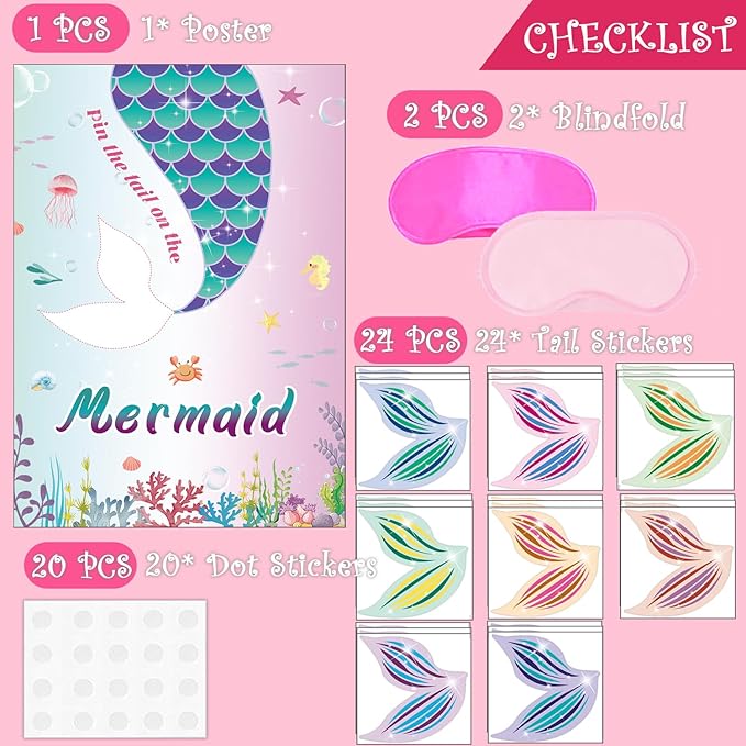 T-Antrix Pin The Tail on The Mermaid Game -Mermaid Party Game for Girls with 21'' x 28'' Poster, Reusable Tails Sticker Party Supplies for Kids Girls Birthday Party Favor Sets