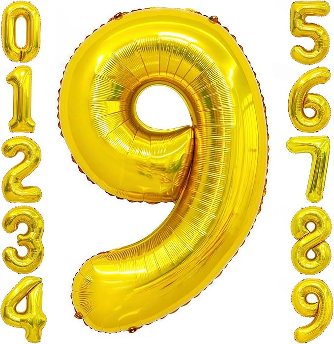 Gold 9 Balloon Number,40 Inch Number 9 Balloon Large Gold 9 Foil Mylar Helium Balloon for Birthday Party Decorations