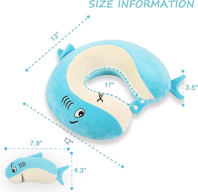 Sexysamba Cartoon Headrest & Neck Pillow for Kids Boys & Girls, Teens, Travel Accessories for Airplane, Car, Recline, Memory Foam Cute Travel Pillow with Sleep Eye Mask - Shark