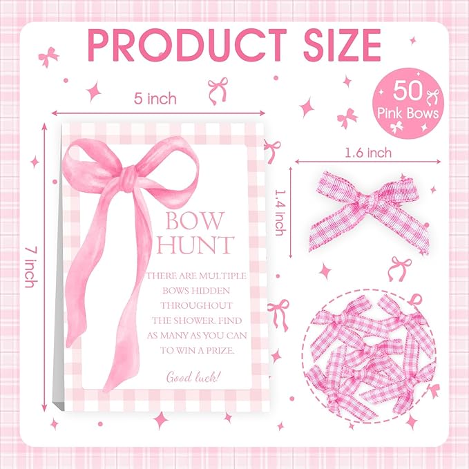 Pink Bow Baby Shower Decorations, Girl's Baby Shower with 50PCS Pink Bow Cards Kids' Party, Birthday Party Decorations, Party Favor & Decorations