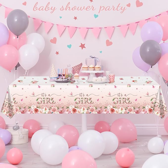 1 Pack Floral Baby Shower Tablecloth Decorations, It's a Girl Baby Shower Decorations, Pink Flower Gender Reveal Decorations for Girl, Plastic Disposable Baby Girls Table Cloth Party Decorations