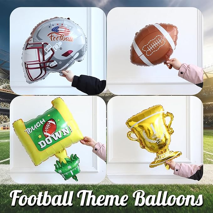 Football Balloon Arch Kit,135Pcs Green Brown Black Balloon Garland with Football,Helmet,Field Goal Post,Trophy Foil Balloons for Sports Rugby Birthday Big Game Touch Down Tailgate Party Decoration